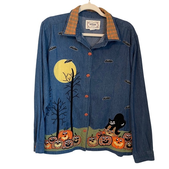 Tantrums Tops - Tantrums Vintage Halloween Denim Button Up Shirt Size XL Applique Embroidered